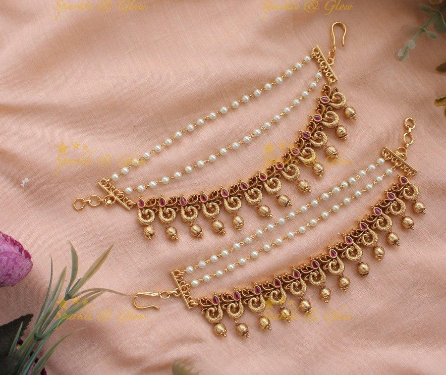 Elegant Kemp Peacock Earchain With Gold beads-Red - Sparkle and Glow