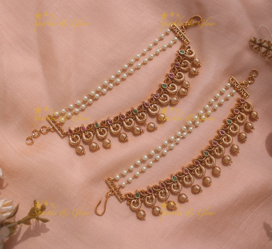 Elegant Kemp Peacock Earchain With Gold beads-Multi