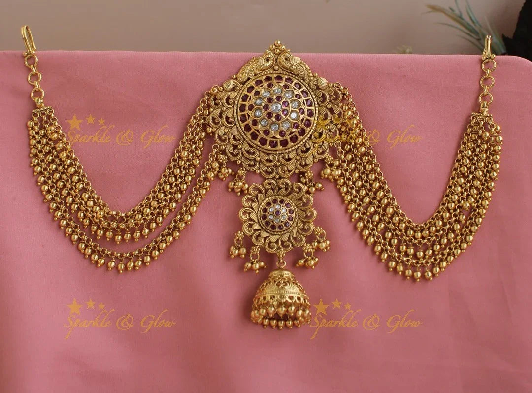 Stunning Dual Tone Kemp Floral jhumuka design Jada billa with Gold Maatil-RedWhite stone - Sparkle and Glow