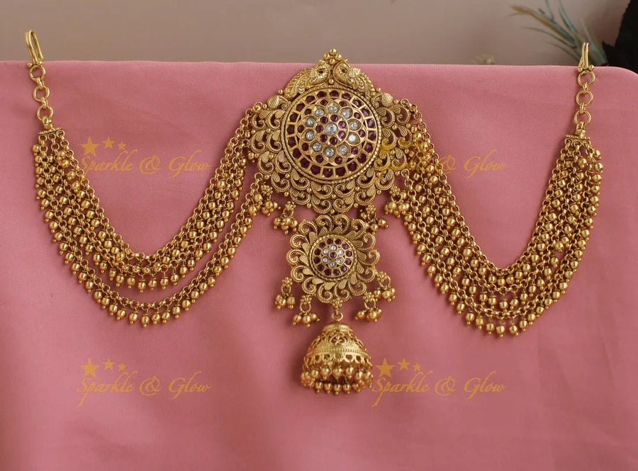 Stunning Dual Tone Kemp Floral jhumuka design Jada billa with Gold Maatil-RedWhite stone - Sparkle and Glow