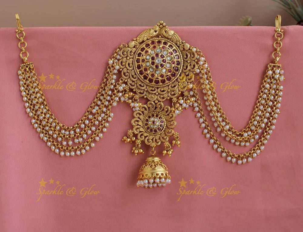 Stunning Dual Tone Kemp Floral jhumuka design Jada billa with Gold Maatil-RedWhite stone - Sparkle and Glow