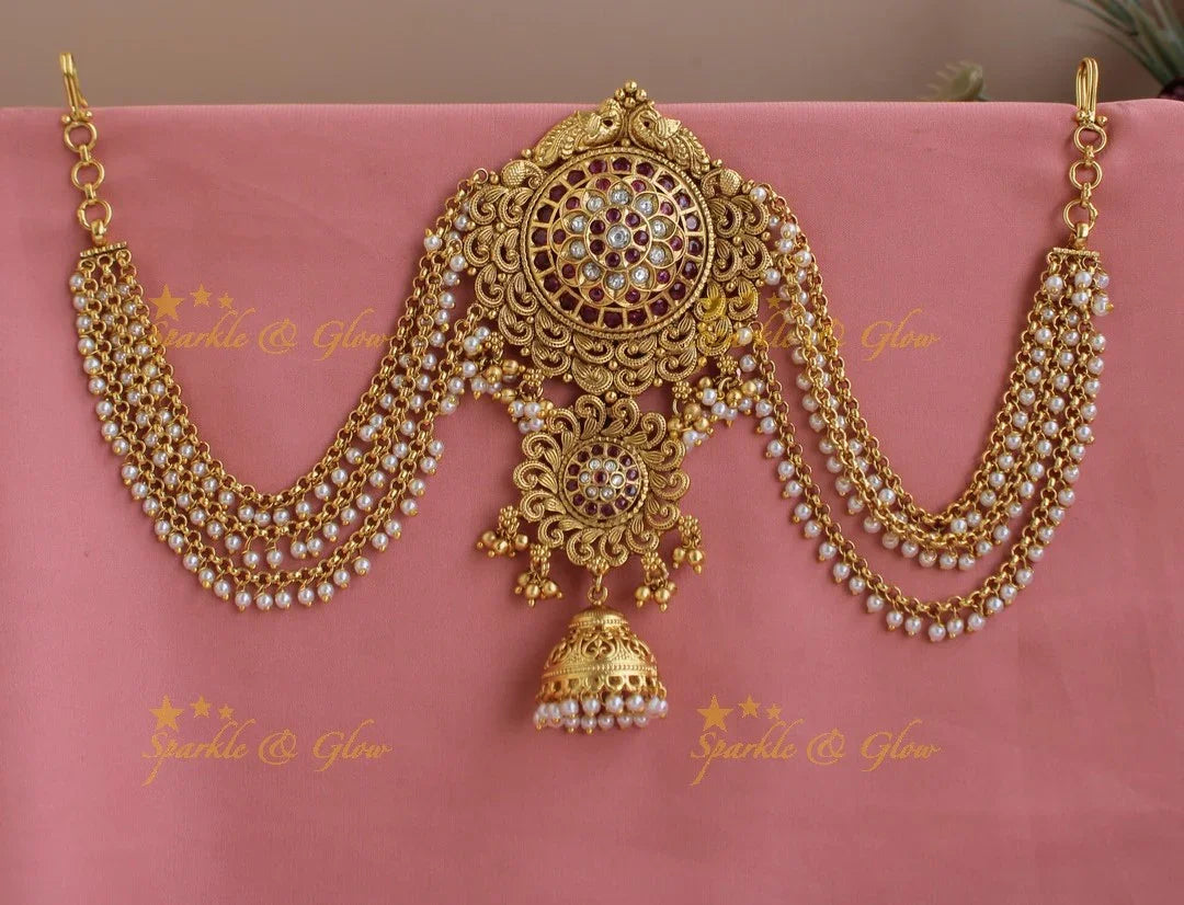 Stunning Dual Tone Kemp Floral jhumuka design Jada billa with Gold Maatil-RedWhite stone - Sparkle and Glow