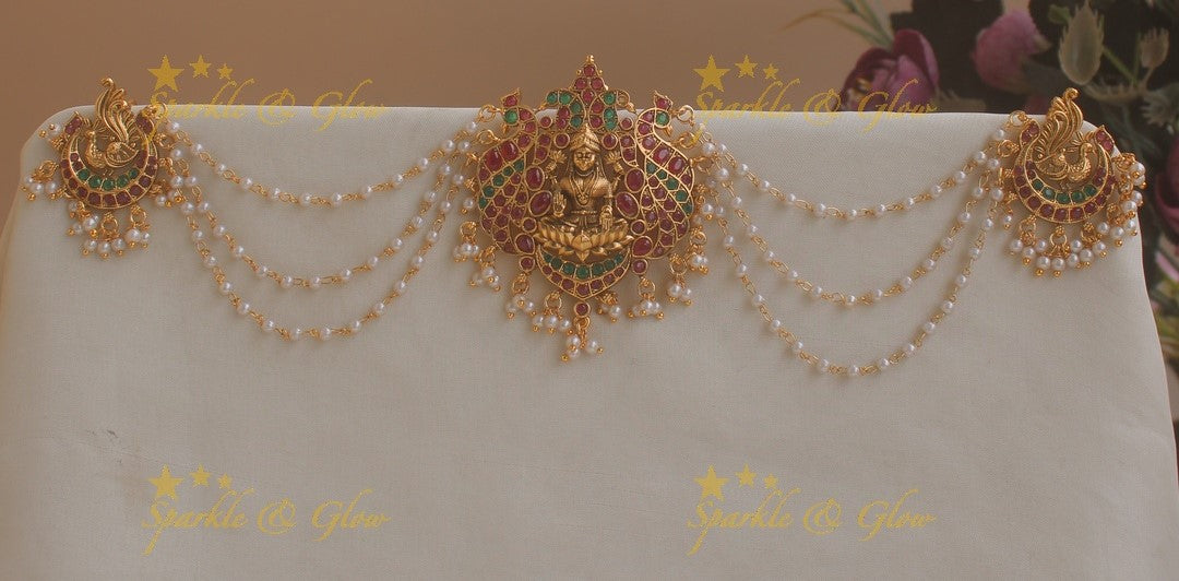 Idol Lakshmi Dual tone peacock carved bridal jada billa with Pearl maatil