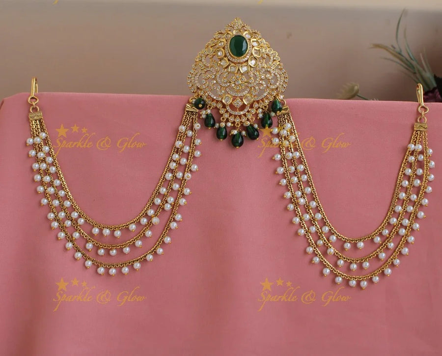 Sparkling Cz Floral Emerald Crown Jada billa with Pearl Maatil - Sparkle and Glow