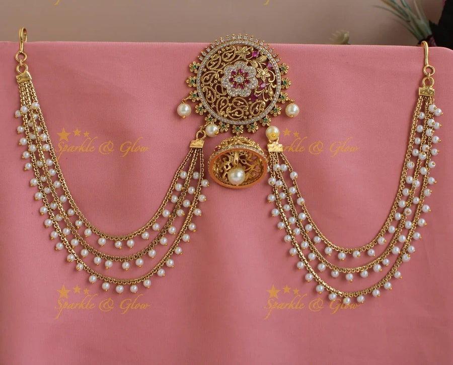 Elegant AD stone Floral Leaf Branch Jada Billa with Pearl Maatil - Sparkle and Glow