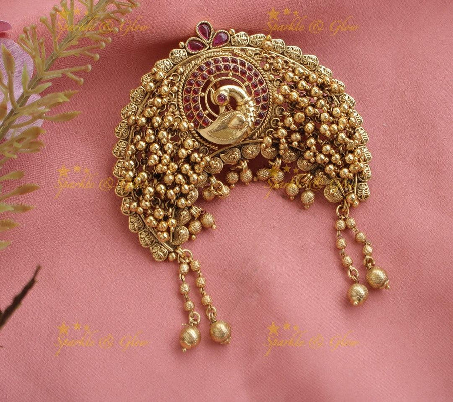 Kemp Peacock Cluster Gungroo Bun bellai with Gold beads Hangings-Red - Sparkle and Glow