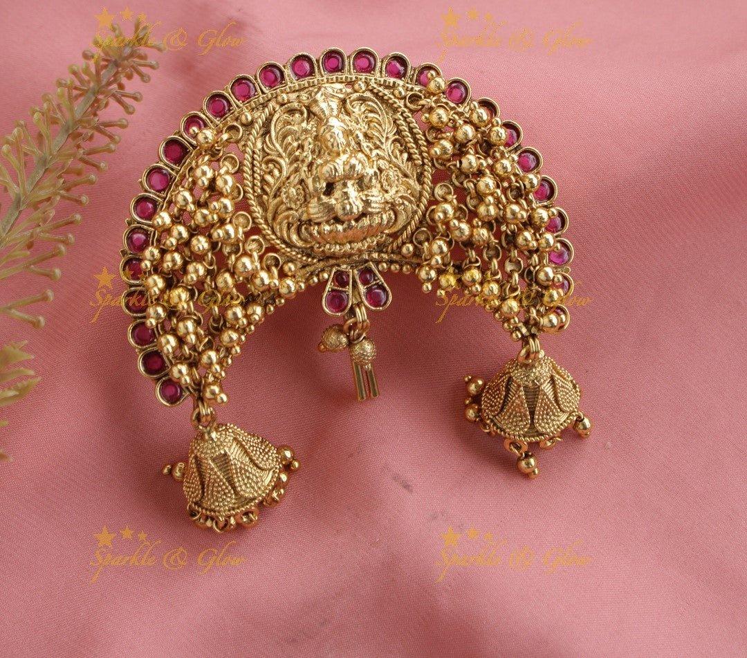 Idol Lakshmi Leaf Branch cluster Gungroo Hair pin with jhumuka hangings-Red - Sparkle and Glow