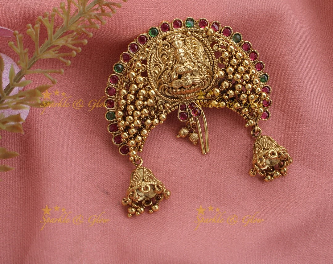 Idol Lakshmi Leaf Branch cluster Gungroo Hair pin with jhumuka hangings-Redgreen