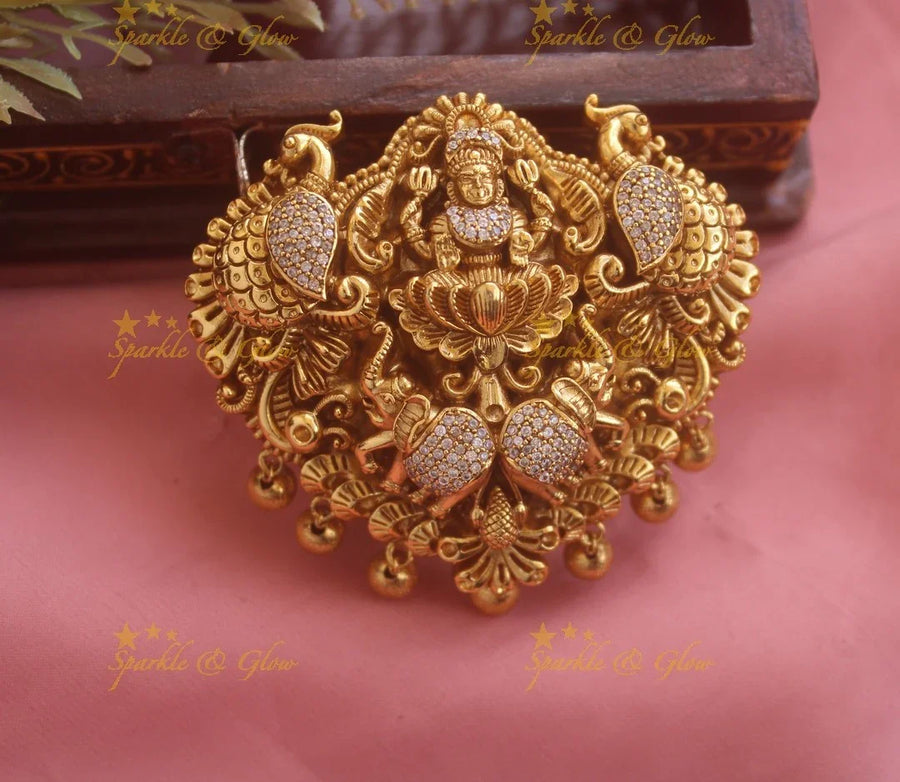Beautiful Lakshmi Peacock Elephant Hair pin with gold beads - Sparkle and Glow