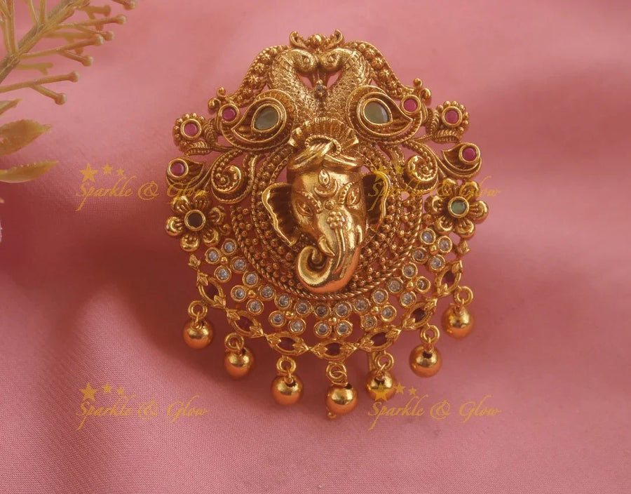 Idol Ganesha Peacock Dual Tone design Hair pin with gold beads - Sparkle and Glow