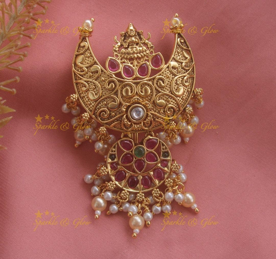 Idol Lakshmi floral carved half moon gutta pusalu hair pin - Sparkle and Glow