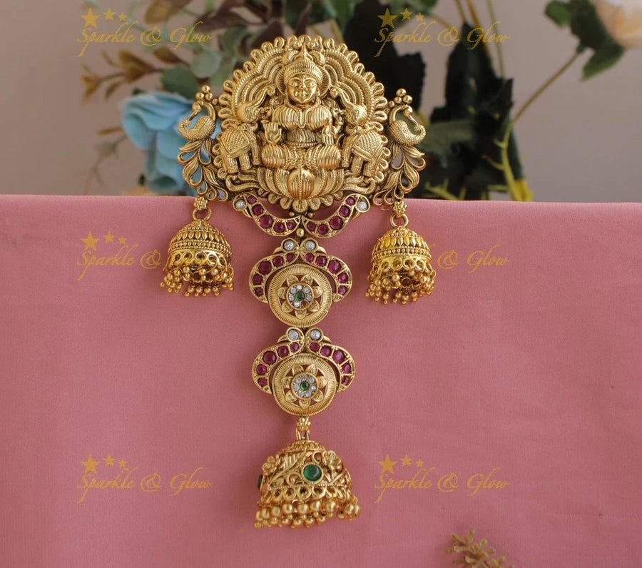 Idol Lakshmi Peacock Carved kemp hair pin with jhumuka droppings - Sparkle and Glow