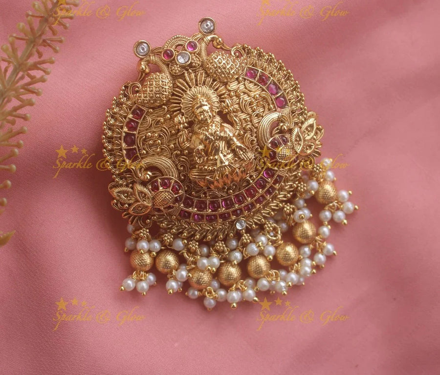 Gold look alike lakshmi peacock carved Kemp hair pin with gold pearl beads - Sparkle and Glow