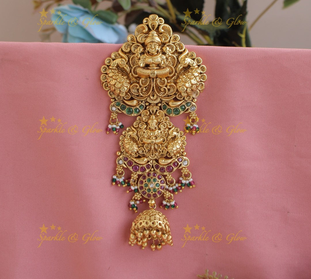 Sparkling Dual Tone Lakshmi Peacock carved Hair pin with Jhumuka droppings