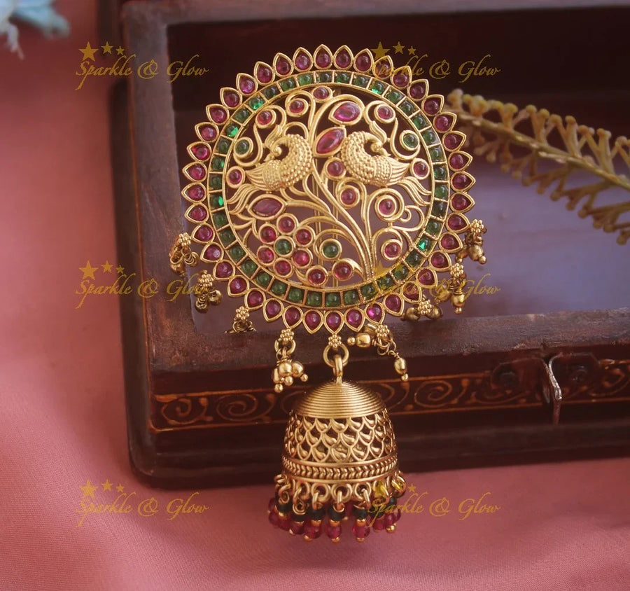 Elegant Kemp Peacock Floral Hair pin with jhumuka droppings - Sparkle and Glow