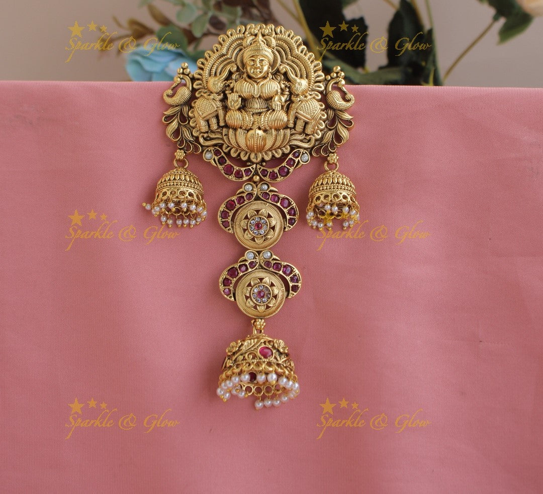 Idol Lakshmi Elephant Carved dual tone peacock hair pin with jhumuka hangings-Red White