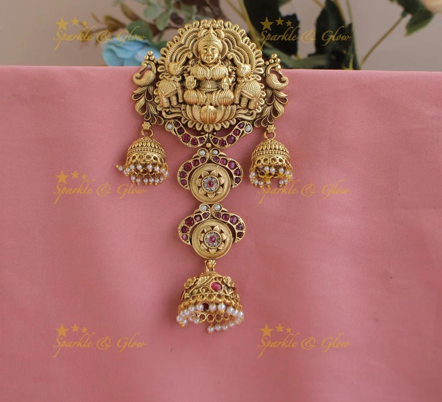 Idol Lakshmi Elephant Carved dual tone peacock hair pin with jhumuka hangings-Red White - Sparkle and Glow