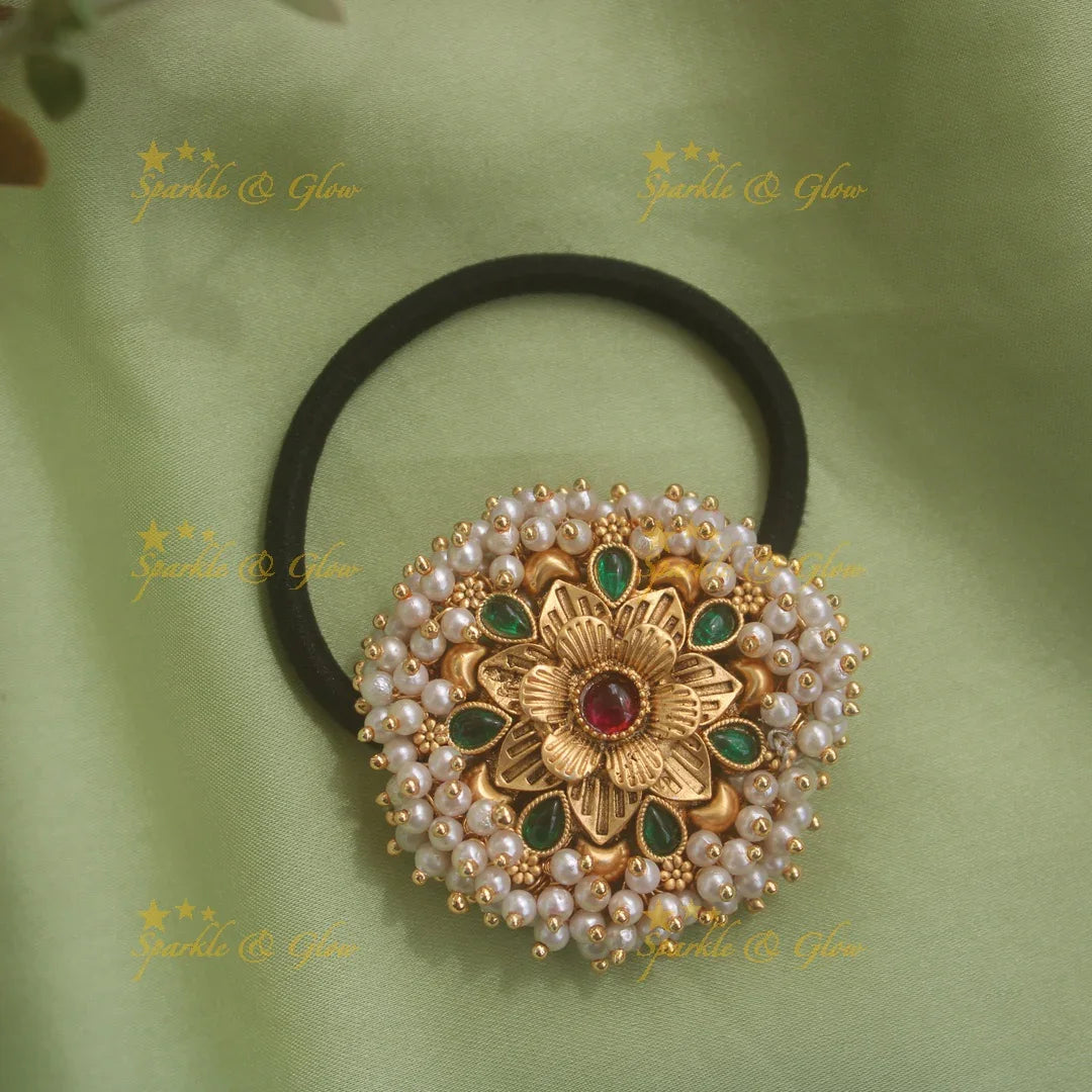 Elegant Floral hair band with cluster pearls and stones - Sparkle and Glow