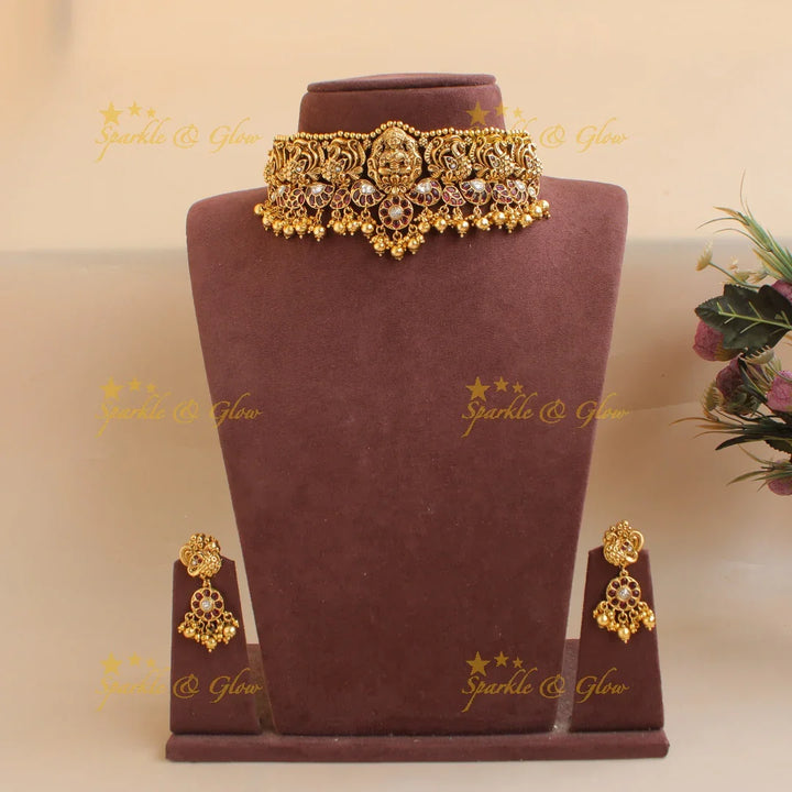 Stunning gold alike Lakshmi choker with green beads - Sparkle and Glow