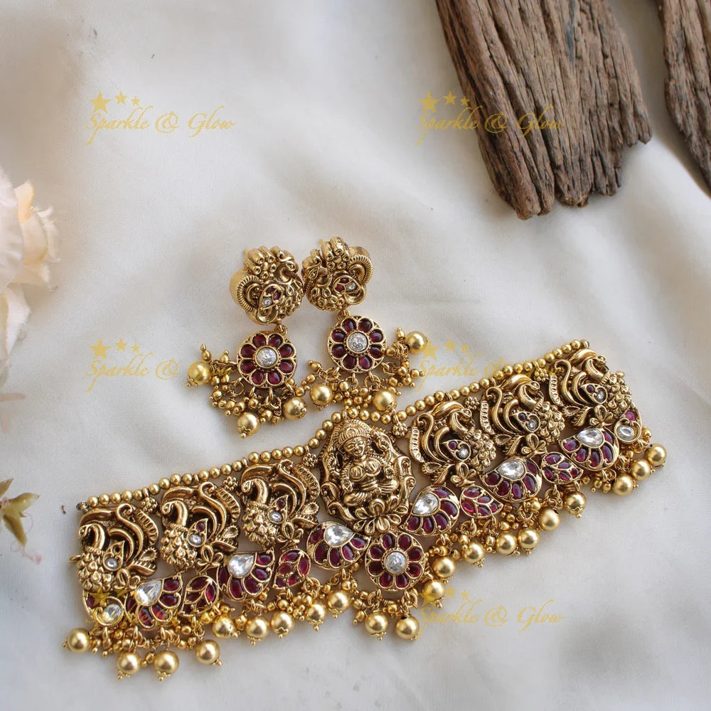 Stunning gold alike Lakshmi choker with green beads - Sparkle and Glow