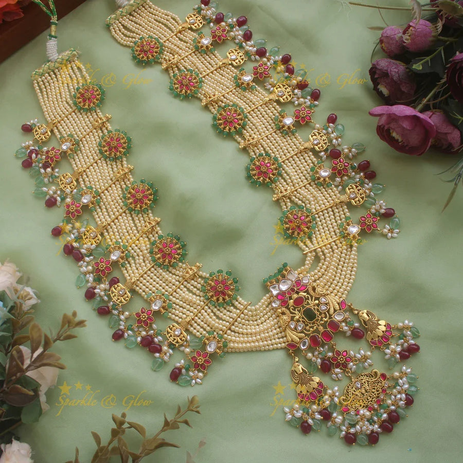 Grand intricate Peacock floral design jadau Rani haram with multi layer pearl chain - Sparkle and Glow