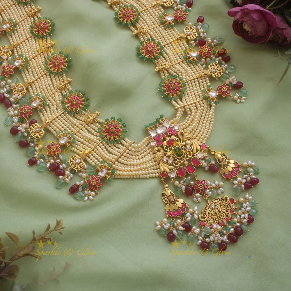 Grand intricate Peacock floral design jadau Rani haram with multi layer pearl chain - Sparkle and Glow