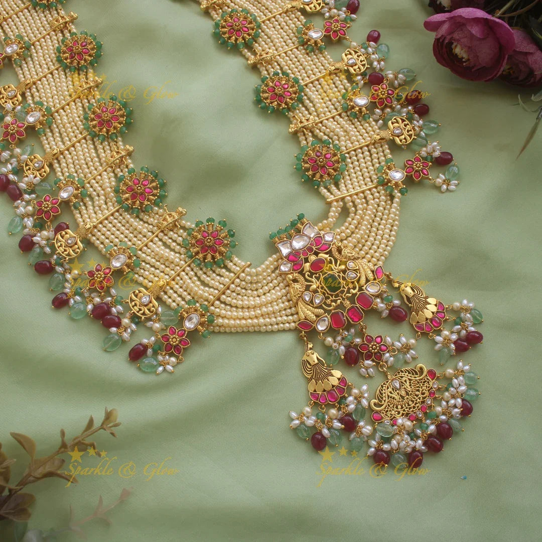 Grand intricate Peacock floral design jadau Rani haram with multi layer pearl chain - Sparkle and Glow
