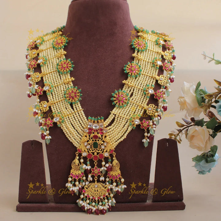 Grand intricate Peacock floral design jadau Rani haram with multi layer pearl chain - Sparkle and Glow