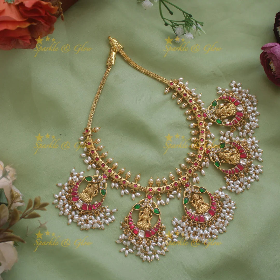 Statement Lakshmi carved jadau gutta pusalu short necklace with rice pearls - Sparkle and Glow
