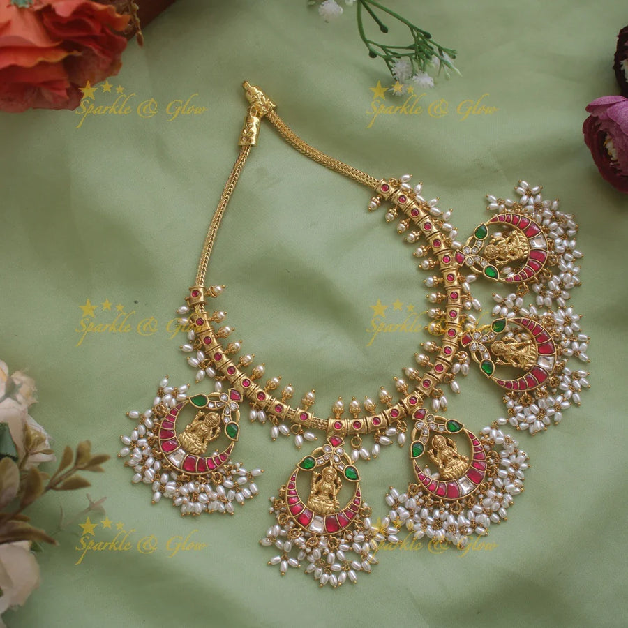 Statement Lakshmi carved jadau gutta pusalu short necklace with rice pearls - Sparkle and Glow