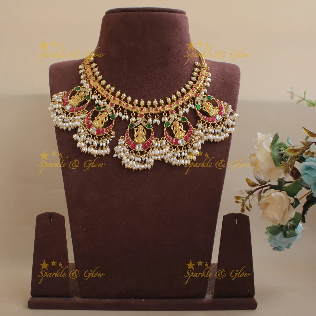 Statement Lakshmi carved jadau gutta pusalu short necklace with rice pearls - Sparkle and Glow