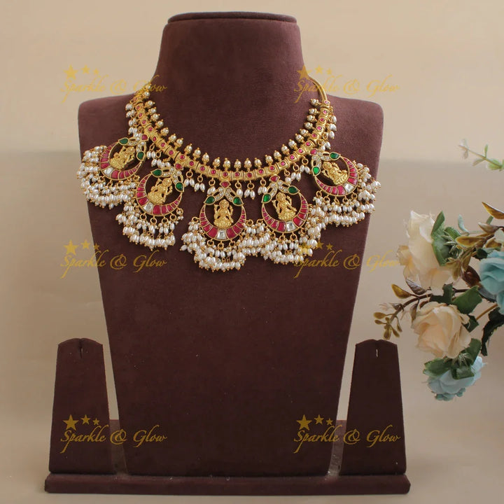 Statement Lakshmi carved jadau gutta pusalu short necklace with rice pearls - Sparkle and Glow
