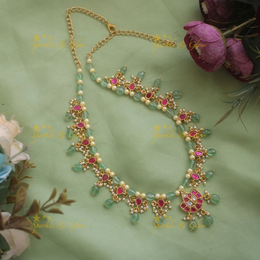 Elegant Moon leaf design jadau short necklace with pearls and mint green beads - Sparkle and Glow