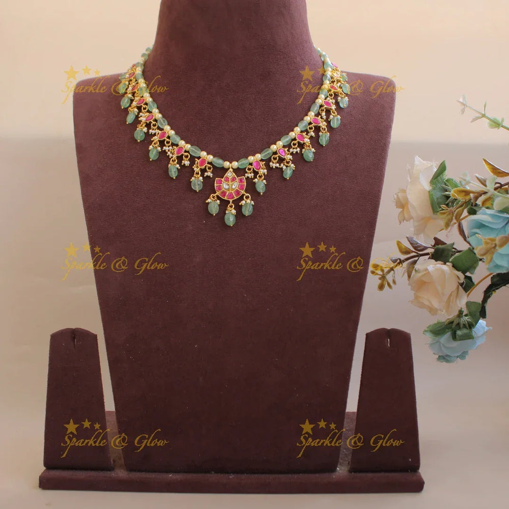 Elegant Moon leaf design jadau short necklace with pearls and mint green beads - Sparkle and Glow