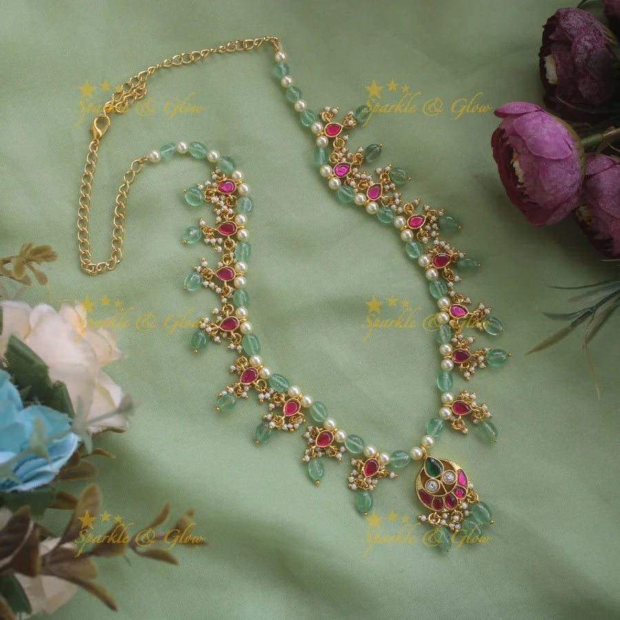 Stunning Half Moon design jadau short necklace with pearls and mint green beads - Sparkle and Glow