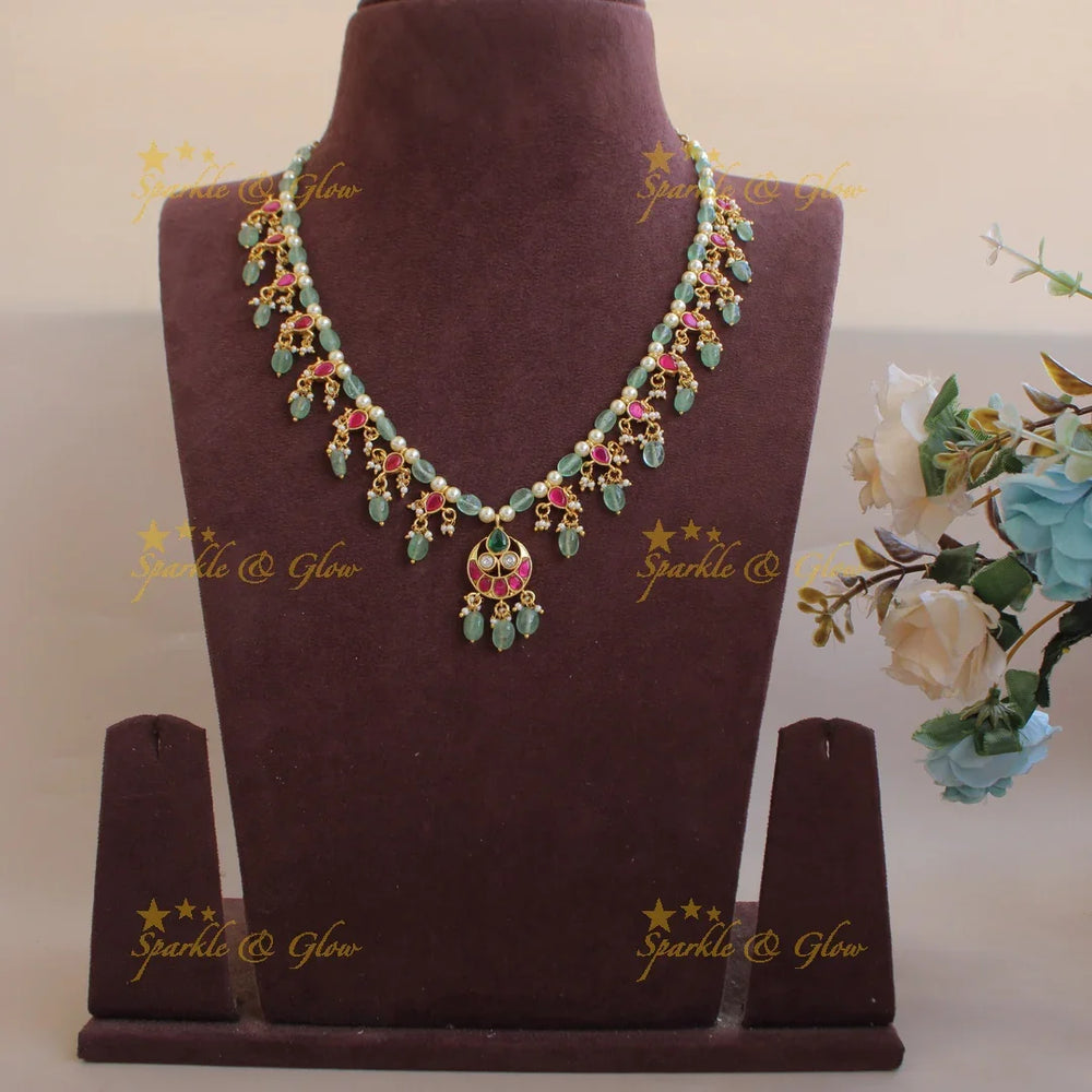 Stunning Half Moon design jadau short necklace with pearls and mint green beads - Sparkle and Glow