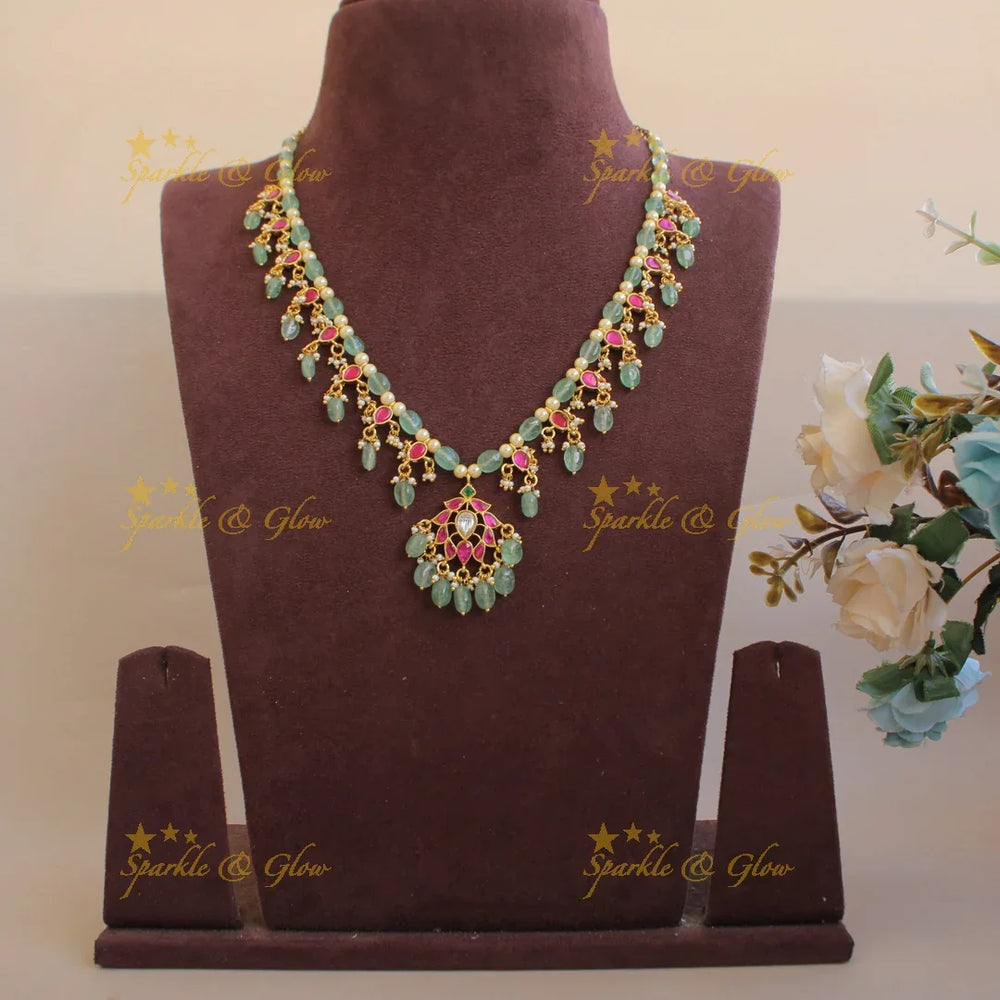 Beautiful Floral design jadau short necklace with pearls and mint green beads - Sparkle and Glow