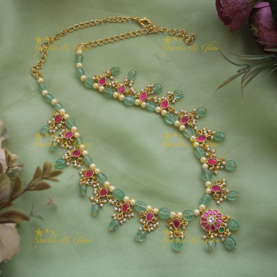 Floral design jadau short necklace with pearls and mint green beads - Sparkle and Glow