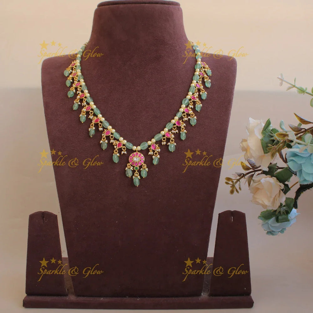 Floral design jadau short necklace with pearls and mint green beads - Sparkle and Glow