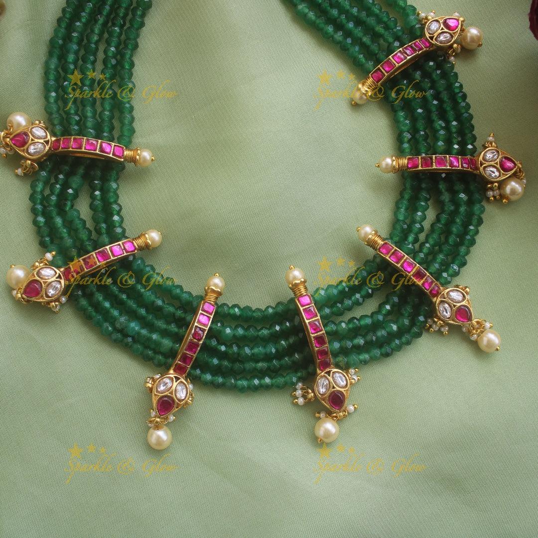 Gorgeous Leaf design jadau short necklace with multi layer green beads and pearl drops - Sparkle and Glow