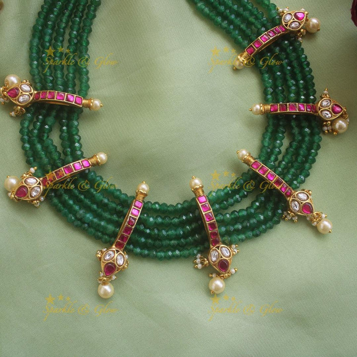 Gorgeous Leaf design jadau short necklace with multi layer green beads and pearl drops - Sparkle and Glow
