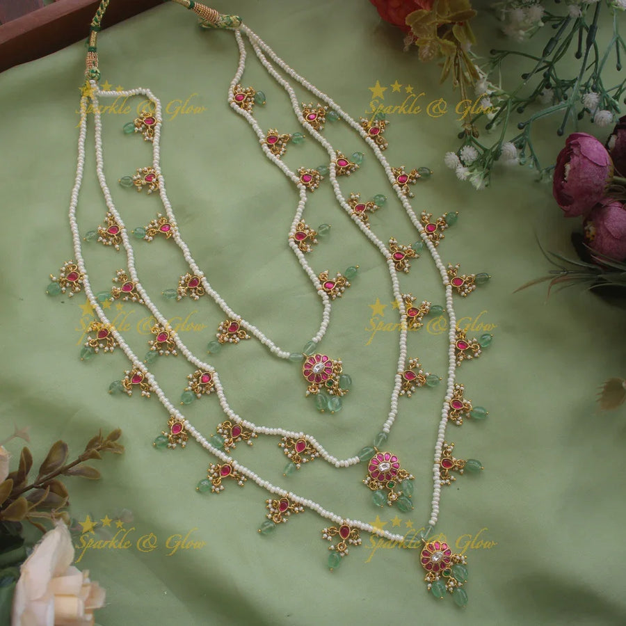 Beautiful Floral design jadau Rani haram with multi layer pearl chain and mint green beads - Sparkle and Glow
