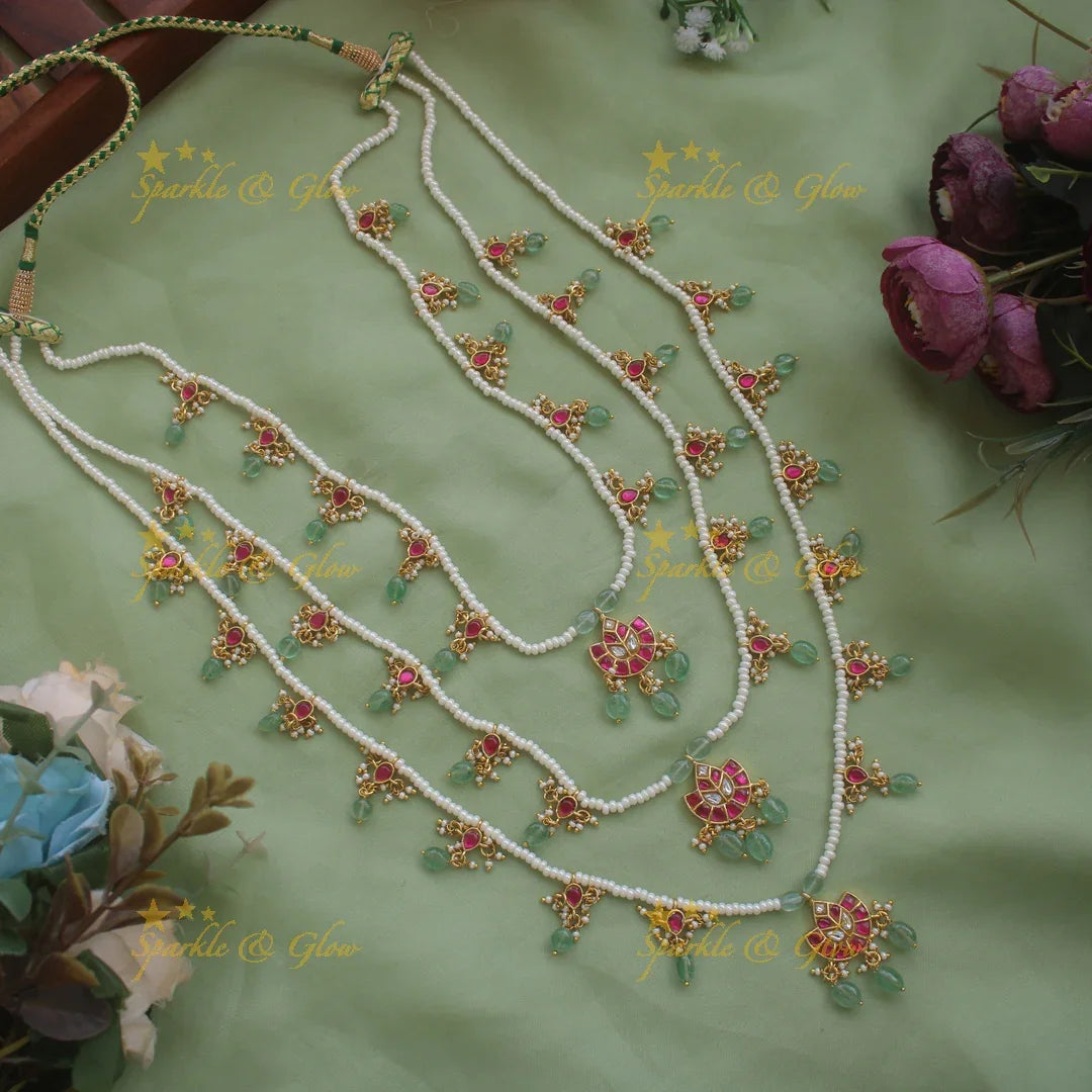 Stunning Half moon leaf design jadau Rani haram with multi layer pearl chain and mint green beads - Sparkle and Glow