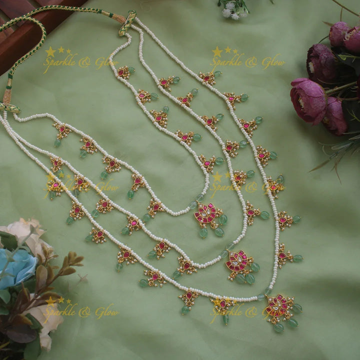 Stunning Half moon leaf design jadau Rani haram with multi layer pearl chain and mint green beads - Sparkle and Glow