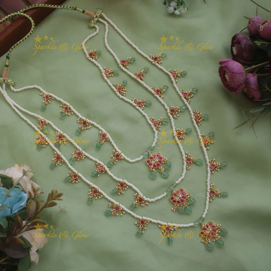 Stunning Half moon leaf design jadau Rani haram with multi layer pearl chain and mint green beads - Sparkle and Glow