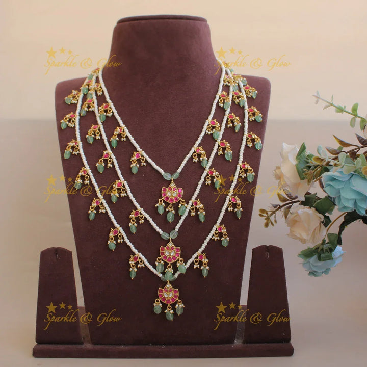Stunning Half moon leaf design jadau Rani haram with multi layer pearl chain and mint green beads - Sparkle and Glow