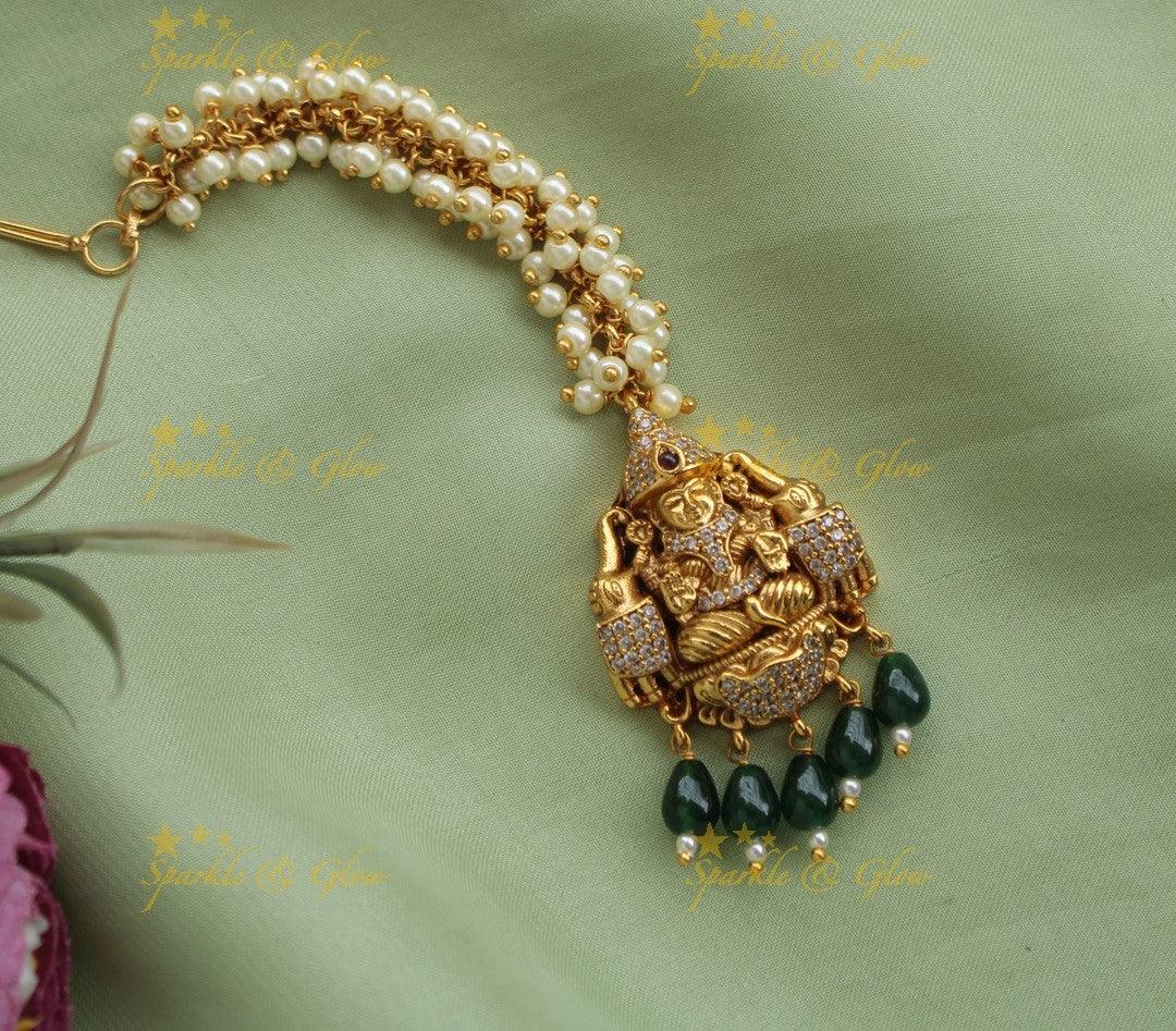 Idol lakshmi Elephant Pearl cluster Tikka with Green beads - Sparkle and Glow