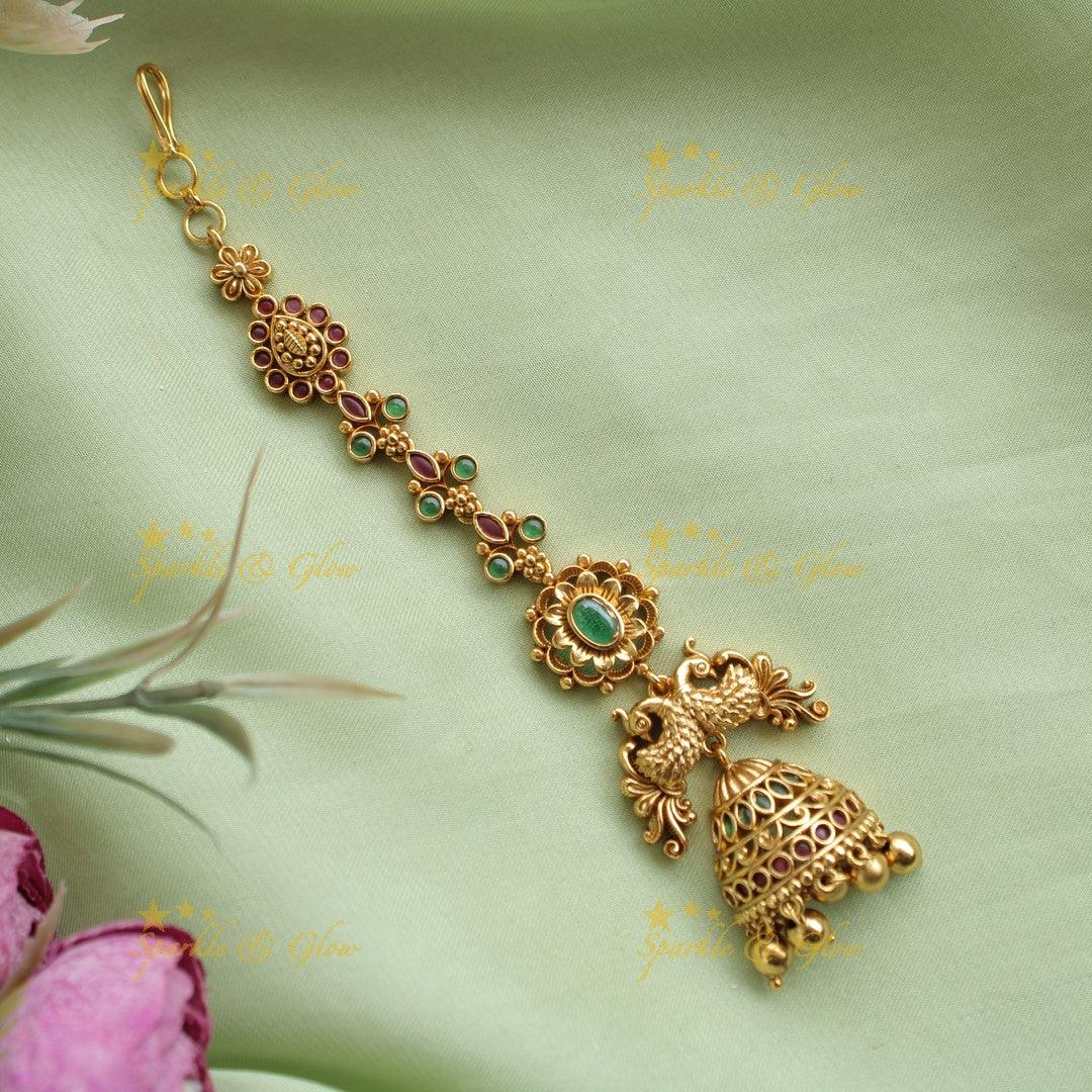 Gold Alike Kemp Peacock Floral Single line tikka - Sparkle and Glow