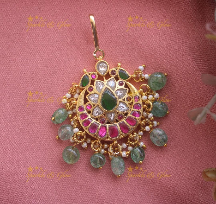 Sparkling Jadau Half moon Floral Tikka with Mint Green beads - Sparkle and Glow