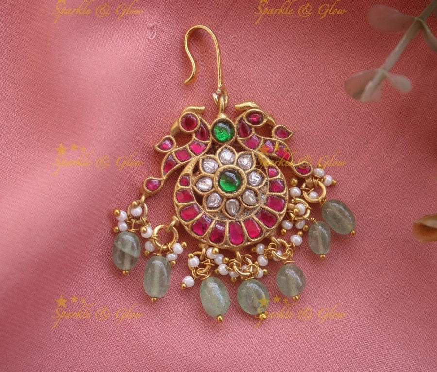 Jadau Peacock Moon Floral Tikka With Mint green beads - Sparkle and Glow